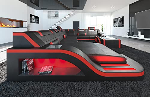XXL Sofa Wohnlandschaft Palermo Ledersofa U Form - mit LED Beleuchtung, verstellbare Kopfstützen, Recamiere/Lederfarben wählbar/Ausrichtung wählbar (Ottomane Links, Schwarz-Rot)