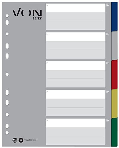 VON Leitz 10er Pack 5-teiliges-Register A4, Blanko Trennblätter für Ordner, PP, Extra breit, 11-Loch-Universalregister für Schnellhefter & Ringbücher, Mehrfarbig, 12230000