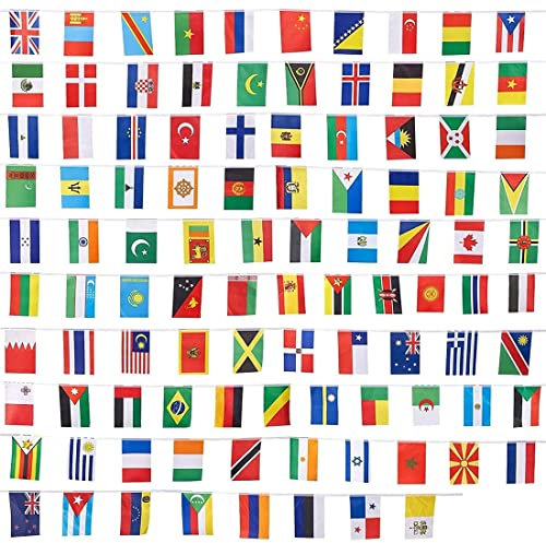 Flagge Welt Flaggenkette 100 Länder Nationalflagge String Fahne 25M Wimpelkette Wetterfest Fahnenkette Klein Länderflaggen Girlande Hängend Weltflaggen WM Olympic Dekoflagge Wand Bar