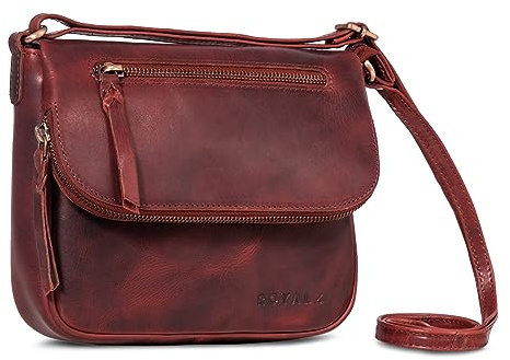 ROYALZ 'Virginia' Handtasche Damen Umhängetasche Leder Flache Echtleder Schulter Frauen Crossbody Bag, Farbe:Roma Cognac Braun