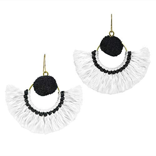 AeraVida Stylish Fan Shaped White Tassels with Black Accents Brass Dangle Earrings