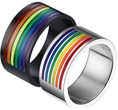 Whoiy Edelstahl Ring 10mm, Pärchen Ringe Verlobung 2 Stück Silber Schwarz LGBT-Ring mit Regenbogen-Emaille für Hochzeit Versprechen