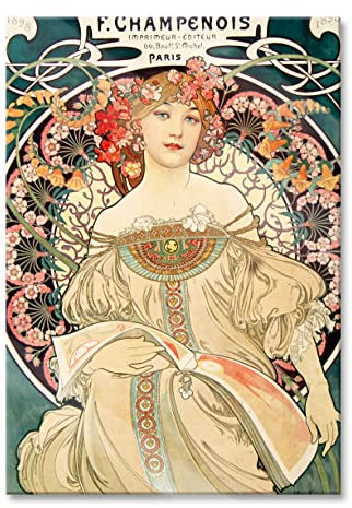 Pixxprint Glasbild, Wandbild auf Echtglas, Alfons Mucha - Frau umringt von Blumen, 40x60 cm, inkl. Aufhängung und Abstandshalter