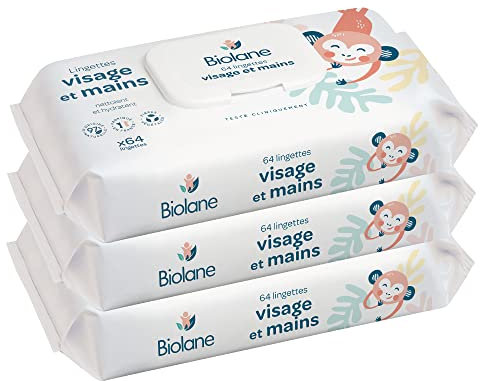BIOLANE - Lingettes bébé visage et mains - Lot de 3 paquets - 192Lingettes(3x64) - Nettoie et protège - Toilette - Peaux Sensibles - 97% d'ingrédients naturels