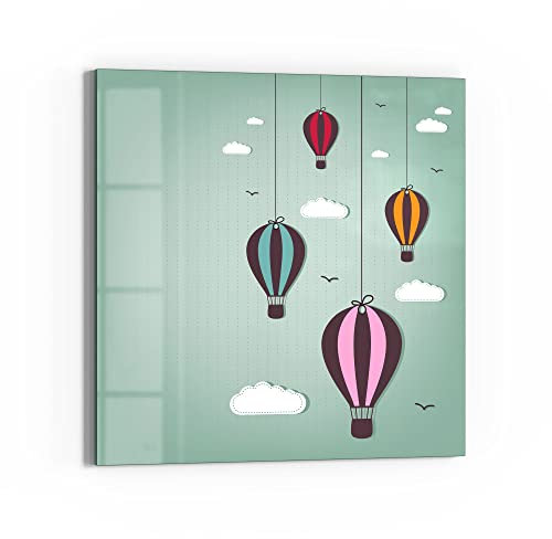 DEQORI Glasbild Echtglas | Motiv Comic Heißluftballons | quadratisch einteilig 50x50 cm | schöne Dekoration | Wandbild für Wohnzimmer, Schlafzimmer, Flur & Küche | moderne Wanddeko