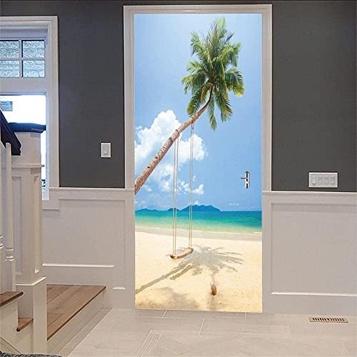 3D-Gate-Kunst Kokospalmen-Schaukel-Strandlandschaft Selbstklebender Türaufkleber, Poster, Tapete, Wandbild, Wandaufkleber, Foto 77 X 200 Cm / 30,31 X 78,74 Zoll Für Wohnzimmer Schlafzimmer Badezimmer