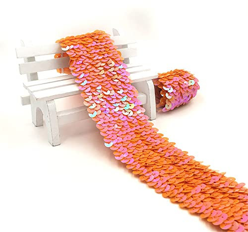 1 Meter 4,8 cm Elastisches Paillettenband 5-Reihiger Elastic Paillettenbesatz Applikation Ribbon Flache Pailletten Stoff Pailletten-Spitzenbesatz Metallic Stretch Pailletten Besatz zum Nähen,Orange