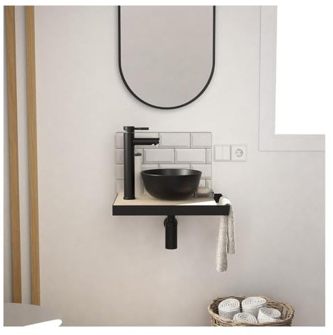 MOB-IN Meuble Lave-Mains Soho Plan Fin p-Serviette côté Vasque Noire + Miroir