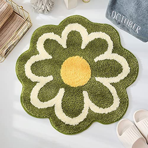 MINGZHE Daisy Cute Badematte, Blumenform, Waschbarer Badteppich, Runde Blumen-Bodenmatte, Waschbare Badewannenmatte für Den Boden(Grün)