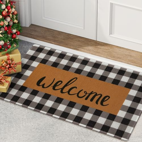 UINI Welcome Mat Outdoor Indoor Door Mats, Heavy Duty Buffalo Plaid Welcome Front Door Mat, Non Slip Durable Entrance Rugs for Outside Entry, Porch, Resist Dirt, 17x 30