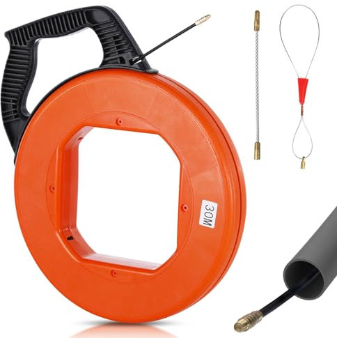 Hancaner Kabeleinziehhilfe 30M für Leerrohre, Hochwertige Einziehspirale inkl. 2 Adapter - Zugdraht für Leerrohre mit Bruchsicherem Kabel, Kabeleinziehgerät mit Kunststoffgehäuse und Handgriff