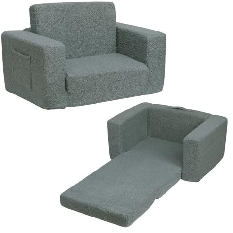 BEJOY Kindersofa Aufklappen 2-in-1 Schlafsofa, Kindersessel, Teddyfell Kinder Couch Sofa Ausklappbar für Kinderzimmer Kindertags- und Geburtstagsgeschenk für Mädchen und Jungen, Neutralesgrau