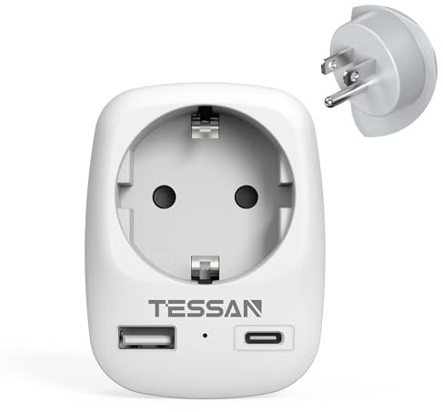 TESSAN Adaptador Enchufe USA, 3 en 1 Adaptador Enchufe Americano con USB C y USB A, Adapter Americano a Español 1875W, Adapter Mexico para Estados Unidos, Canada, Colombia