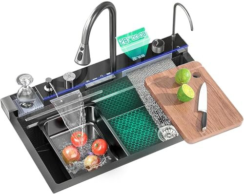 Ribanedy Evier Cuisine NuméRique Multifonction De 75 cm, Evier Cascade En Acier Inoxydable 1 bac Avec 5 Modes De Sortie D'Eau, Robinet Extractible Cascade, Lave-Gobelets Et Accessoires D'eVier