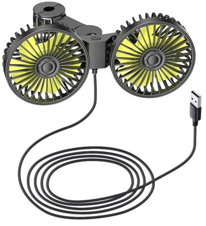 Shkalacar Ventilatore Auto a Doppia Testa per Sedile Posteriore Ventola di Raffreddamento alimentata Tramite USB con Montaggio a Clip Supporto per 360° Ruotabile 3 velocità del Vento Regolabili