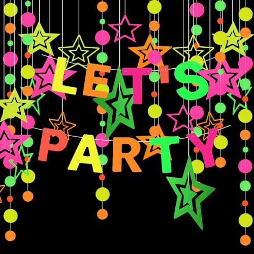 Lvjkes Neon Party deko,Lets-Party-Papiergirlande,4.5m Scheiben-Papiergirlande,7Stk Neon-Papiergirlande mit fünfzackigen Sternen,geeignet für Geburtstage,Hochzeiten und Babyparty-Partyzubehör