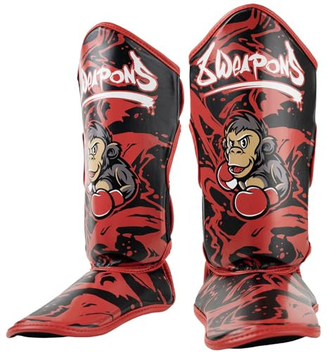 8 WEAPONS Schienbeinschoner, Kinder, Joe, Schwarz-rot, Größe L/XL, Training & Wettkampf, Hochwertiges Kunstleder und perfekte Dämpfung, Muay Thai, K1, MMA, Karate & Kickboxen