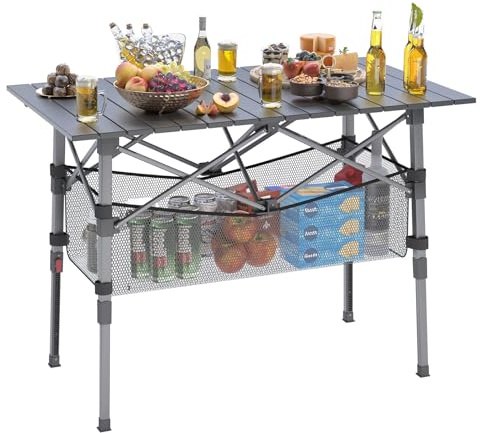 Portable Camping Table with Adjustable Height Legs, Lightweight Aluminum Roll-up beach tables for sand foldable，Folding Picnic Table Large Storage Basket for Outdoor camping (Black, Medium 37)