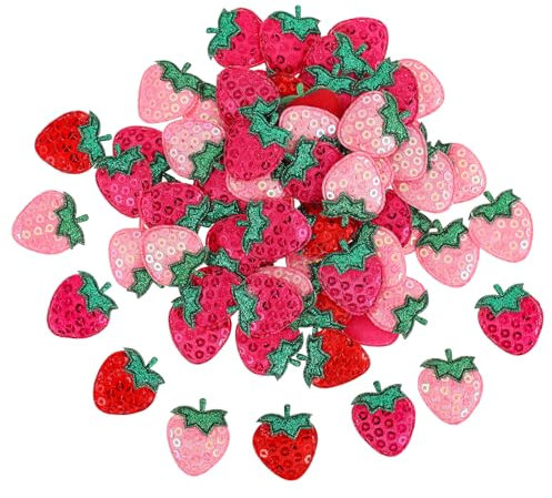 60 PCS Strawberry Fabric Sew on or Glue on Strawberry Appliques Strawberry Patches Iron On Cute Strawberry Embroidered Strawberry Appliques Decorative for DIY Sewing Crafts Clothes (Back no Glue)