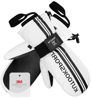 KUTOOK Fäustlinge Skihandschuhe Herren Mitten Extra Warm Wasserdicht Atmungsaktiv Damen Winterhandschuhe Fausthandschuhe mit Abnehmbarer Handgelenkschützer Snowboard Skifahren Wintersport Weiß L