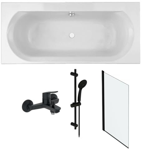 Pack baignoire droite 180 x 80 JACOB DELAFON Elise + pack pommeau et mitigeur bain douche noir mat + pare bain noir mat + vidage
