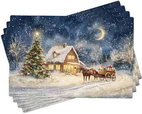 Tischsets mit weihnachtlichen Pferden, 4er-Set, blaue Schneelandschaft, Tischmatten für Esstisch, rutschfest, waschbar, für drinnen und draußen, Urlaub, dekorative Platzsets, 45,7 x 30,5 cm
