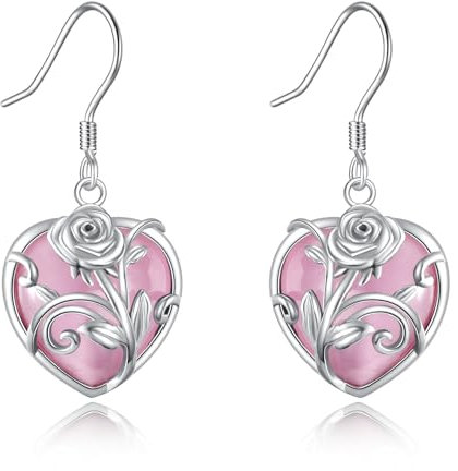 VONALA Rose Quartz Earrings Rose Heart Rose Quartz Healing Crystal Earrings 925 Sterling Silver for Women