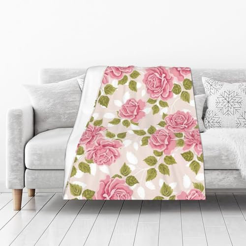 Rosa Vintage Rosenmuster Kuscheldecke, warme Flanell-Fleece-Plüsch, weiche Sofa-Überwurfdecke als Bettdecke/Bettlaken, 102 x 127 cm