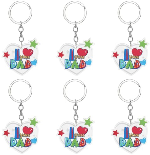 SOFPLATE 1 boîte 6 pièces Ensemble de Porte Clés en Bois Porte Clés Vierges en Vrac Bois Fête des Pères Coeur Mot Papa Coloré Bleu Barbe Porte Clés Étiquettes pour Porte Clés Clé de Voiture Cadeaux de
