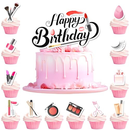 Make-up-Kuchendekorationen, 24 Stück Make-up-Cupcake-Topper + 1 Stück Make-up-Kuchenaufsätze/Make-up-Kuchenaufsatz für Make-up, Geburtstagsparty-Dekorationen und Spa-Party-Dekorationen