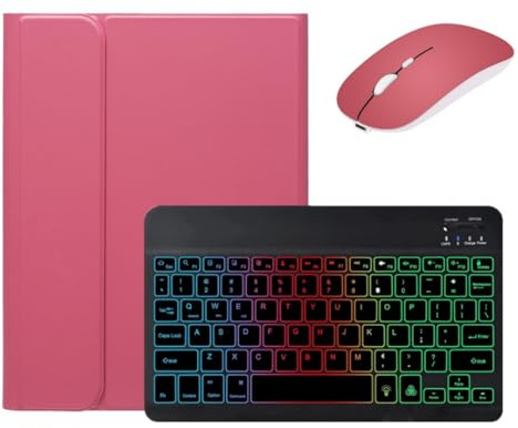 Tastatur mit Hintergrundbeleuchtung für iPad 10. Generation, Tastaturhülle mit Maus, abnehmbare Hintergrundbeleuchtung, Farbtastaturhülle für iPad 10, Dunkelrosa + Schwarz