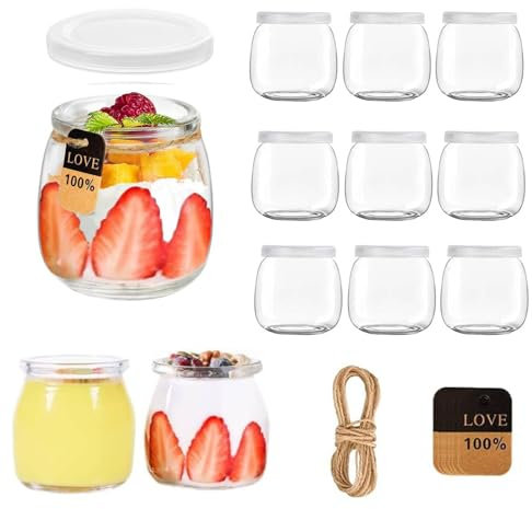 200 ml Durchsichtige Joghurtgläser mit Deckel (12 Stück), Mehrzweck-Nachtischgläser für Marmelade, Honig, Desserts, Kerzen, Spülmaschinen-, Gefrierschrank- & Mikrowellenfest,mit Seil und Anhänger