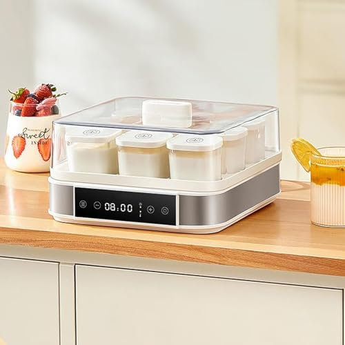 Yogurtera digital, yogurtera digital con control de temperatura y control de tiempo, 5,7 de altura, 9 frascos vidrio, yogurtera de acero inoxidable de 52 oz, para preparar postres frescos y caseros