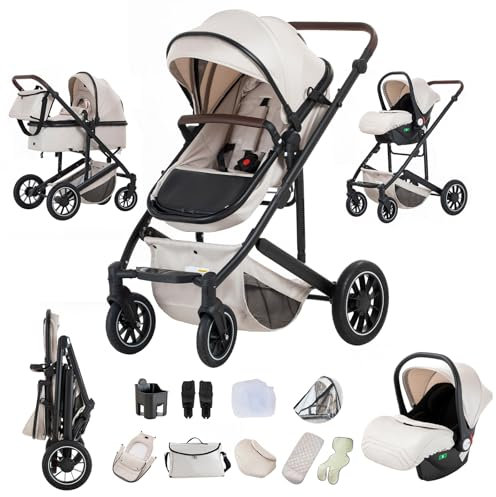 Zkiprm 3-in-1-Kinderwagen, Reisesystem mit Autositz, Kinderwagen und Babywanne, verstellbare Armlehnen, Regenschutz, Moskitonetz, Gestell aus Aluminium, Kinderwagen mit hohem Profil, für 0-4 Jahre