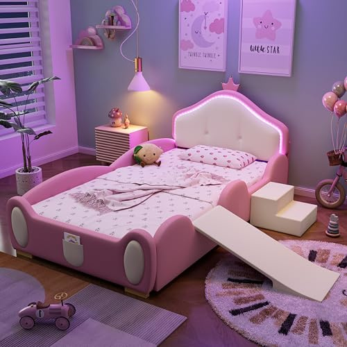 Kinderbett Polsterbett 90x200, Einzelbett Cartoon Bett mit LED Crown Kopfteil&kleiner Rutsche&Treppe, Jugendbett Mädchenbett Bettgestell mit Lattenrost&Rausfallschutz, PU, Ohne Matratze, Rosa+Beige