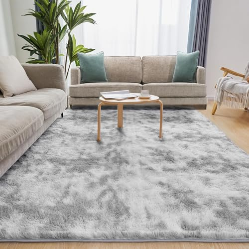 Hochflor Teppiche Wohnzimmer Flauschiger Weich, 240x340cm, Tie-Dye Hellgrau | Wohnzimmerteppich Waschbarer & Anti-Rutsch Modern Shaggy Teppich für Schlafzimmer, Kinderzimmer
