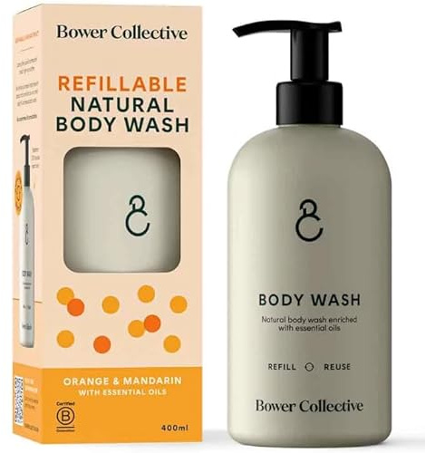 Bower Collective Orange & Mandarin Natural Body Wash Starter Pack 400ml Reusable Bottle, Shower or Bath Gel with Essential Oils, Moisturising Body Wash