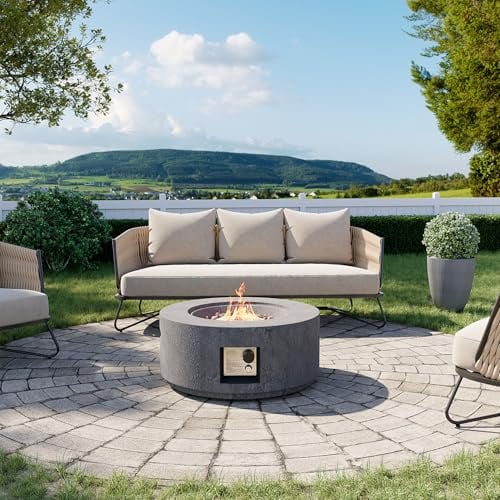 Cosiest Propangas-Feuerstelle für den Außenbereich, 71,1 cm, runde Gas-Feuerstellen für den Außenbereich, Terrasse, Zertifiziert, 50.000 BTU Betonsockel mit Regenschutz, kostenlose Lavasteine