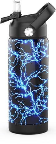 Ntswasd Boys Water Bottle with Straw,550 Ml Kids Insulated Cups with Stainless Steel Leak Proof for School,Sport&Travel(blue Lightning)