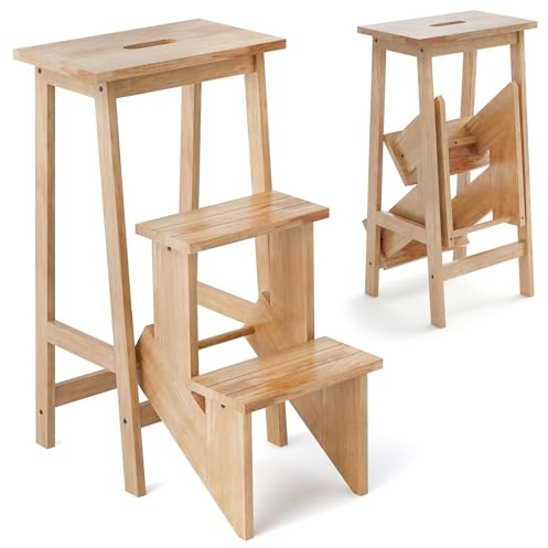 GIANTEX Escabeau 3 Marches en Bois d’Hévéa, Poignée Confortable, Marche Pied Pliable 3 en 1, Larges Antidérapantes, Charge 270 kg, Tabouret Bois pour Maison, Bureau (Naturel, 57 x 41 x 76 cm)