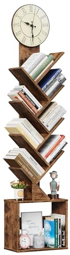 OYRREU Tree Bookshelf 8-Tier Floor Standing Book Shelf Tall Narrow Wooden Bookcase Storage Shelving Unit CD DVD Book Magazine Document Display Rack for Living Room Bedroom Study Rustic Brown 167 cm