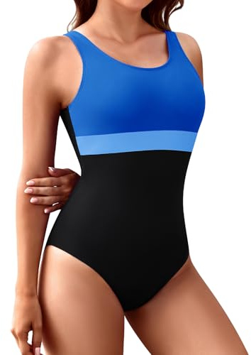 FemiChic Costume Intero da Bagno Donna Sportivo con Coppe Addominali Contenitivo Resistenza al Cloro per Sport Acquatici Moda Spiaggia(Blu,S)