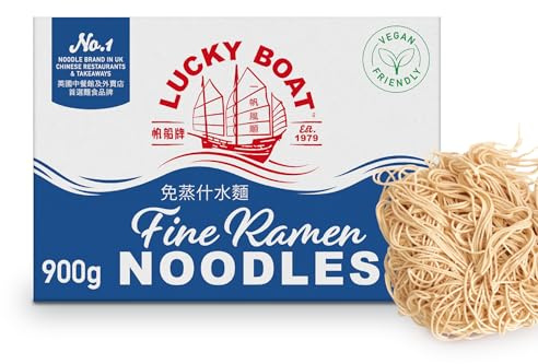 LUCKY BOAT No. 2 Thin White Wheat Ramen Noodles 900g - Egg Free, Vegan, Vegetarian - Stir Fry - Restaurant Quality - Bulk Pack of 1
