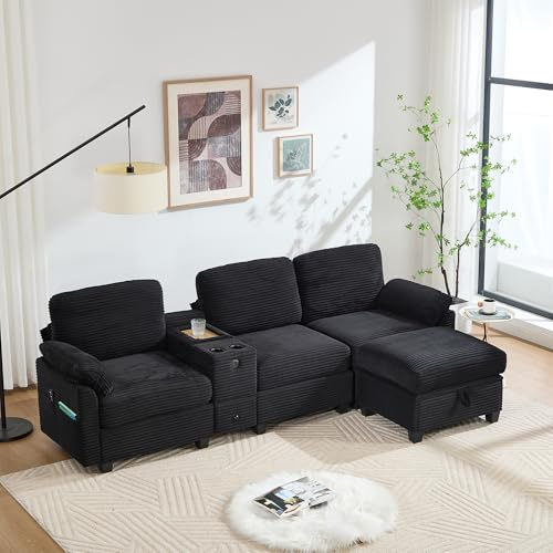 FammyLoft L Form Schlafsofa mit Bettkasten, Großes Cord-Sofa mit Komfortschaum, Modulares Couch mit Schlaffunktion, USB-C-Anschluss, Seitentasche, Stauschublade, Beweglicher Stau-Ottoman, Schwarz