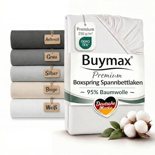Buymax Boxspringbett Spannbettlaken 180x200 bis 200x220 cm Weiß – Premium Jersey 250 g/m² – 95% Baumwolle 5% Elastan – bis 35 cm Matratzenhöhe