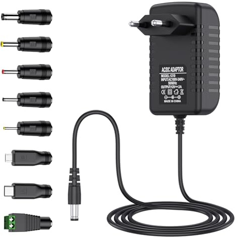 Adaptateur Secteur 12V 2A Alimentation AC220V 230V vers DC12V Pilote 5.5mm avec 8 adaptateurs de Prise 2000mA 1000mA 500mA convertisseur Chargeur AC-DC (Noir)