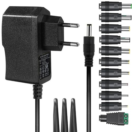 Alimentatore 12 V 1 A, adattatore CA 12 V con 11 connettori CC, caricabatterie da muro, DC 12 V, 1 A, 800 mA, 500 mA, 400 mA, 200 mA, 100 mA, cavo di alimentazione per fotocamera, altoparlante, GPS