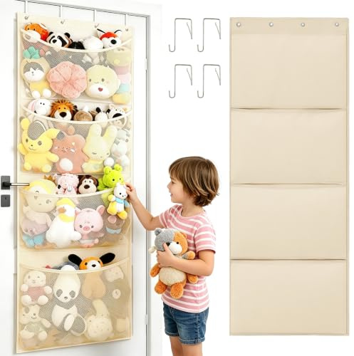 Soft Toy Storage: Over The Door Stuffed Animal Organiser with 4 Large Mesh Pockets – Hanging Toy Storage for Nursery, Bedroom & Kids’ Room