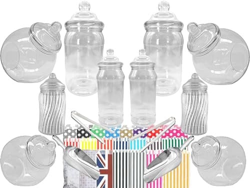 LARGE 10 MIXED Plastic Sweet Jars, 2 Tongs, 2 Scoops, 100 Bags - Vintage Victorian Pick & Mix Sweet Shop Candy Buffet Kit Party Pack (Pink)
