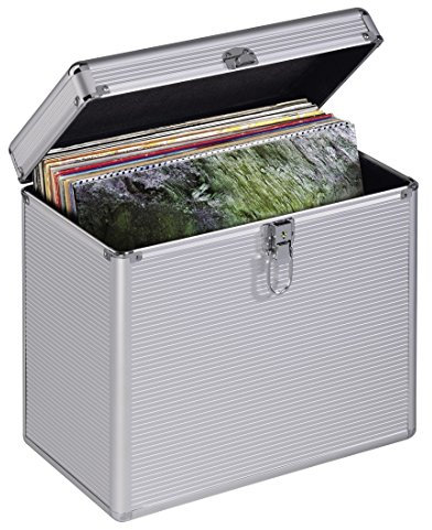 Hama LP-Koffer im Alu-Look (zur Aufbewahrung von 50 Schallplatten, abschließbar) Vinyl Aufbewahrungsbox, Plattenkoffer Silber